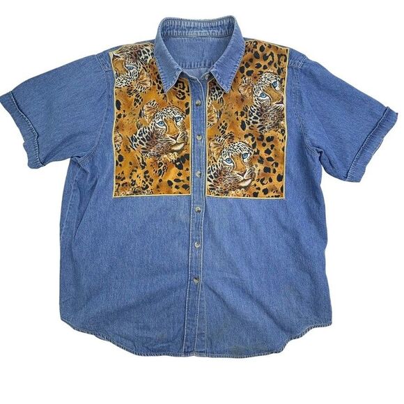 VTG  Denim Leopard Cheetah Shirt Quacker Factory SS Button Jungle Safari Large - Picture 1 of 12